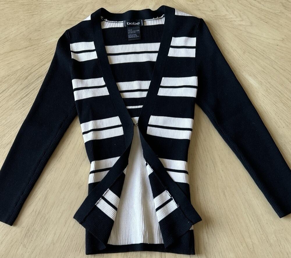 BEBE Silk Blend cardigan Sweater Ribbed Striped Office Siren Sexy Corpcore Y2K S